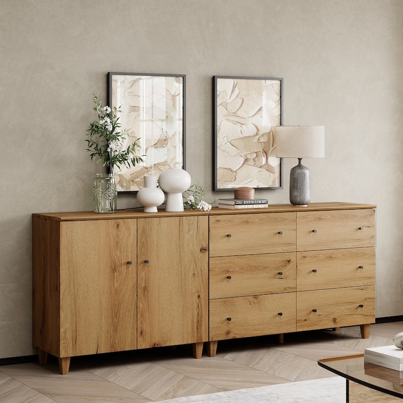 Wood Dresser with 6 Drawers and 1 Cabinet for Bedroom, 83" Wide