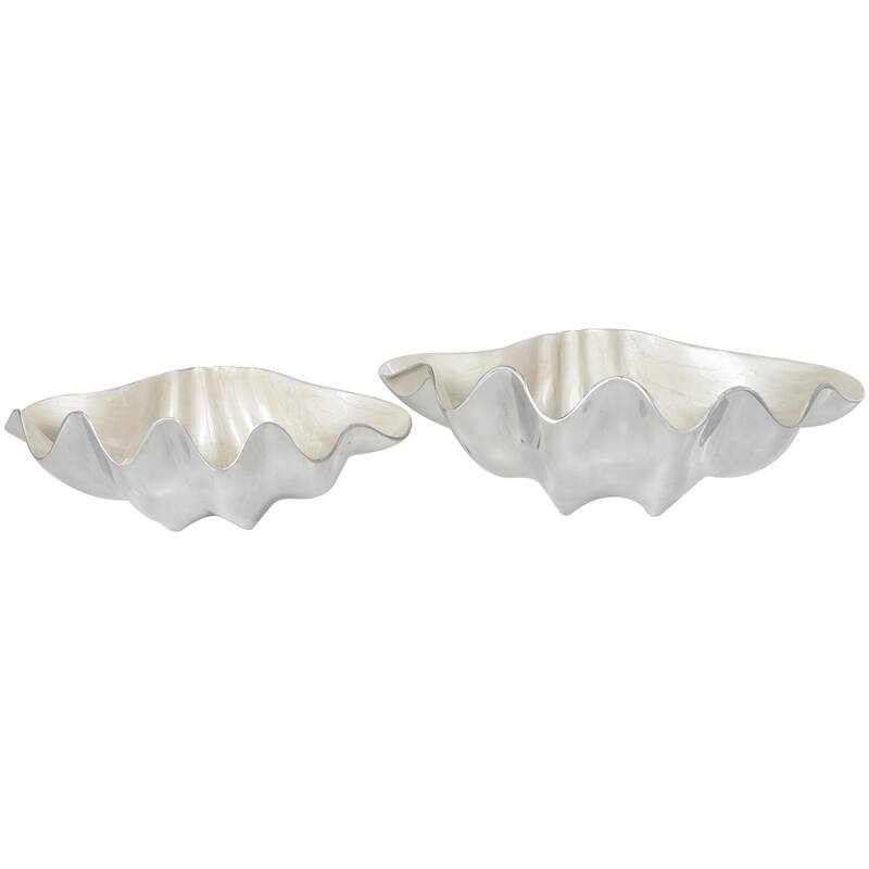 Aluminum Metal Shell Enameled Decorative Bowl with Silver Metal Exterior - Set of 2 Teal or White - Roche River Decor - White - 18", 14"W
