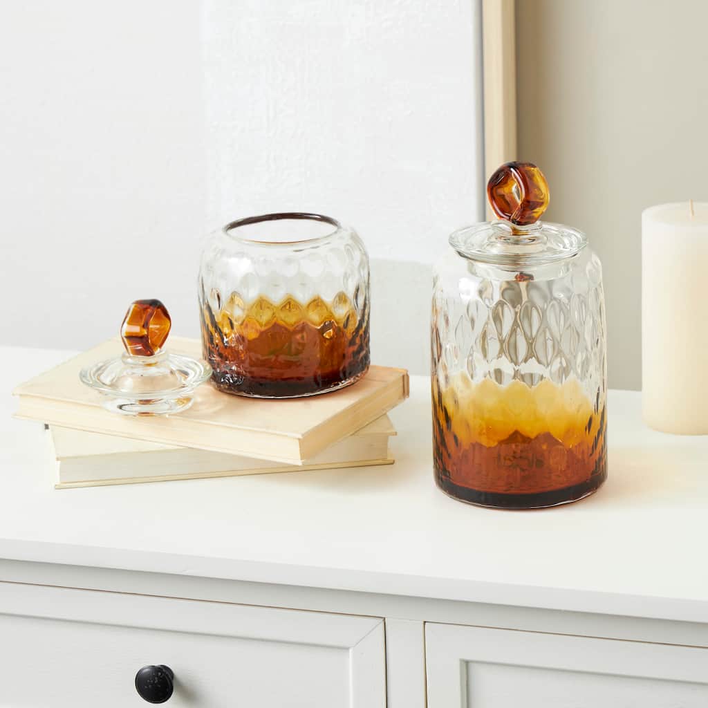 Orange or Dark Blue Glass Faceted Ombre Geometric Decorative Jars with Diamond Knobs (Set of 2)