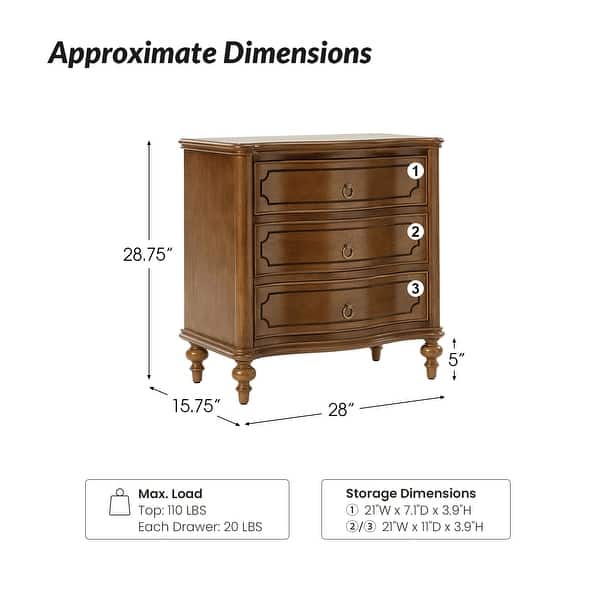 dimension image slide 2 of 4, HULALA HOME Alois Traditional 3-Drawer End Table with Built-in Charging Station and Solid Wood Spindle Legs Set of 2