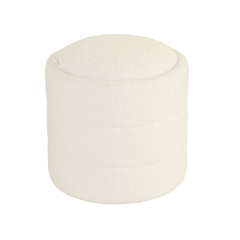Pero Storage Ottoman, 18 Inch Round Removable Lid, White Boucle Fabric
