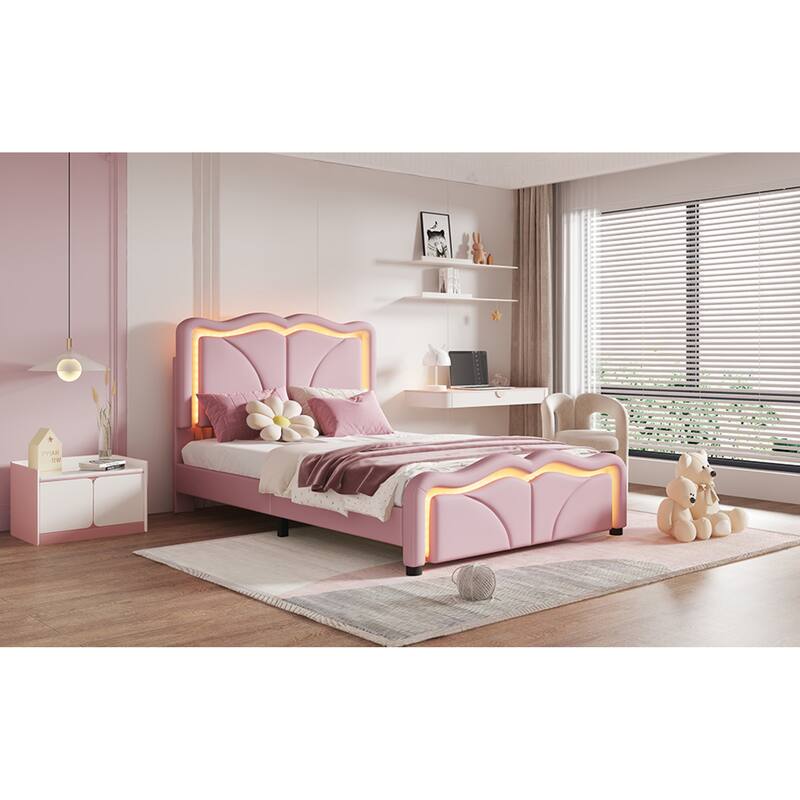 Roomfitters Twin/Full Size Upholstered Platform Bed with LED Light Headboard and Footboard, Wave Shaped Padded Frame, Pink