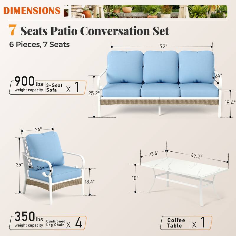 MAISON ARTS 7-Seat Patio Conversation Set, 2/4 x Cushioned Metal Chair, 1 x 2-Seat Sofa,1 x 3-Seat Sofa with Coffee Table