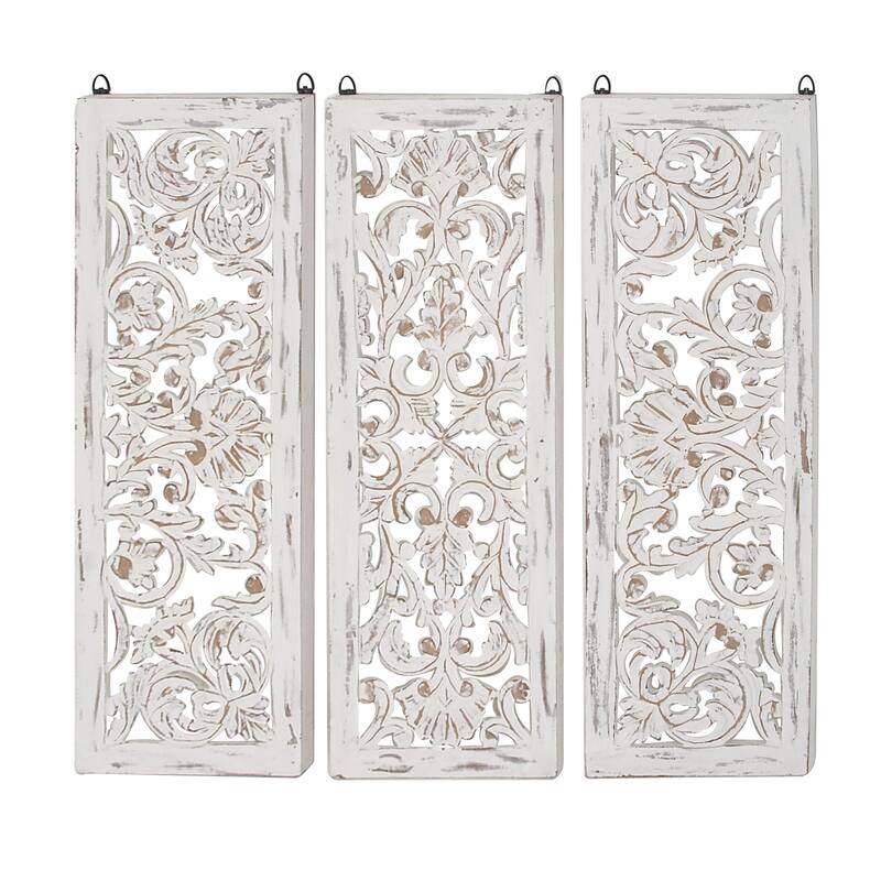 Wooden Floral Handmade Intricately Carved Wall Decor - Set of 3 White - Roche River Decor