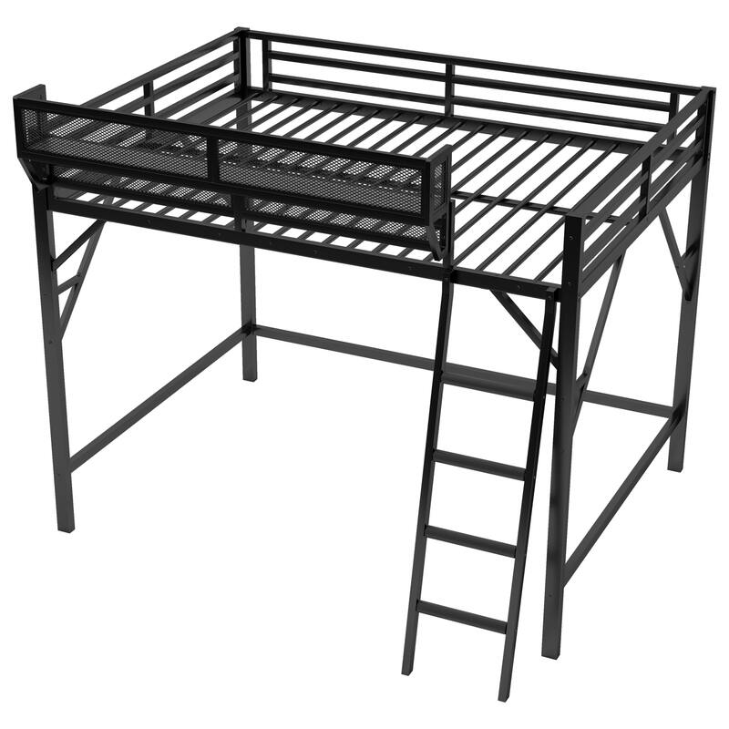 Queen Size Loft Bed with Ladder, Metal Queen Loft Bed with Storage Shelves, High Loft Bed for Kids Teens