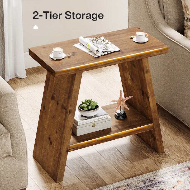 Solid Wood Farmhouse Side Table with 2-tier Storage Shelf