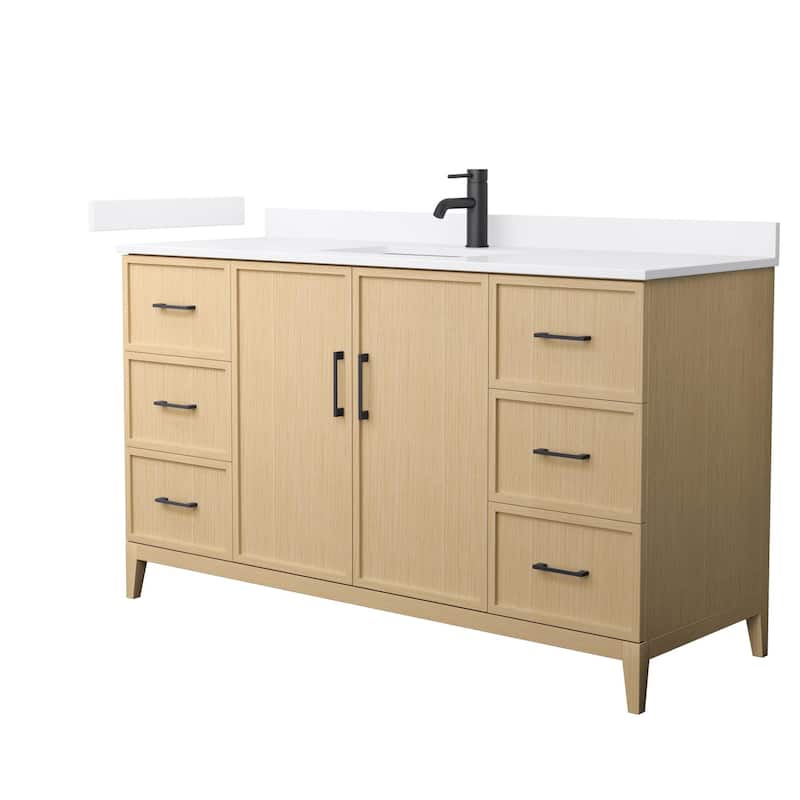 Elan 60-inch Single Vanity, Single Hole Quartz Top - White Oak, Black Trim, White Quartz Top