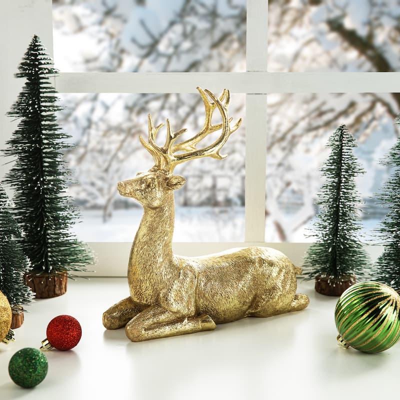 Glitzhome 11"H Resin Christmas Lying Reindeer Table Decor