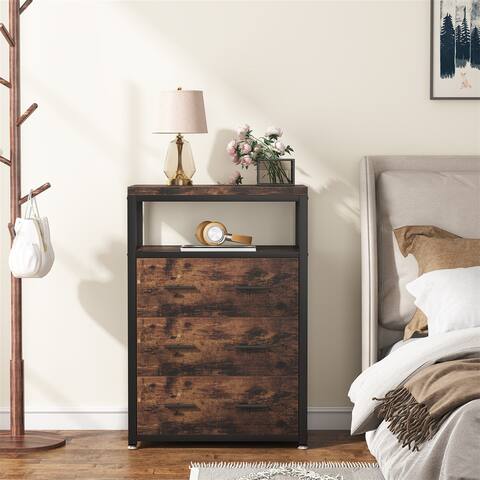 Industrial Chest of Drawers with Storage Shelves, Wooden Dresser for Bedroom, Wooden 3-Drawers Dresser Storage Tower