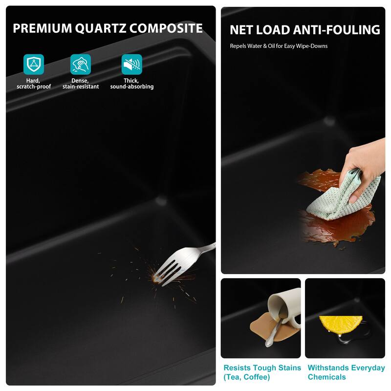 24" Undermount Single Bowl Quartz Kitchen Sink in Black - 24'' x 18'' x 12''