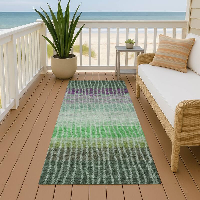 Machine Washable Indoor/ Outdoor Contemporary Stripes Chantille Rug - Fern - 2'3" x 7'6"