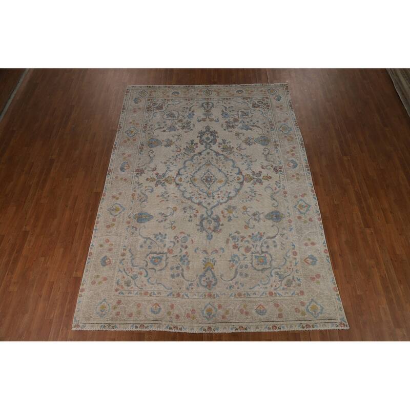 Tabriz Persian Area Rug Beige Floral Handmade Wool Carpet - 7'10"x 11'1"