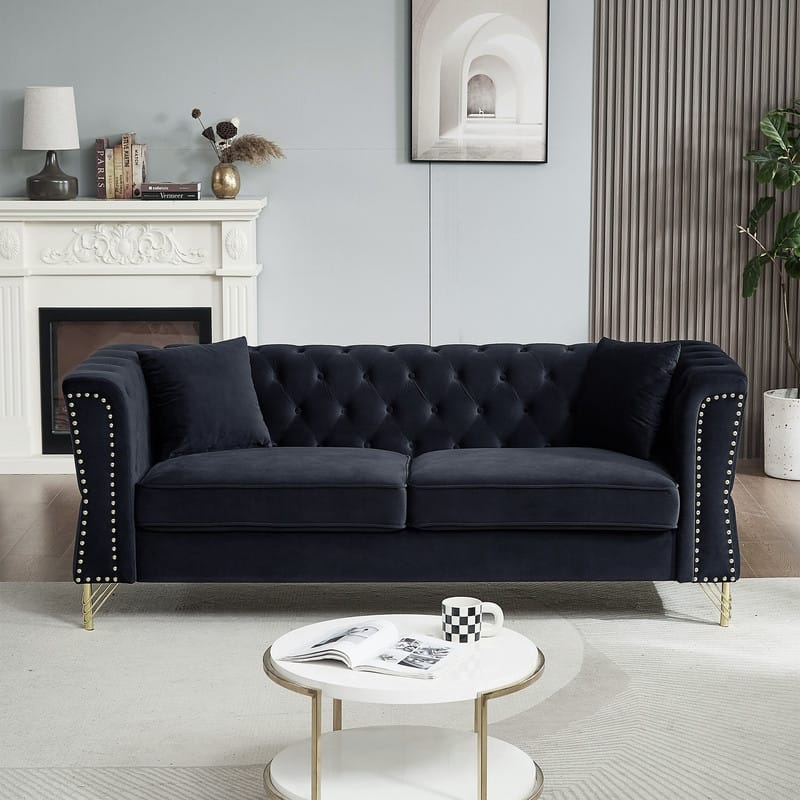 Modern Living Room Chesterfield Sofa,Tufted Couch with Metal Foot and Nailhead,Two Pillows