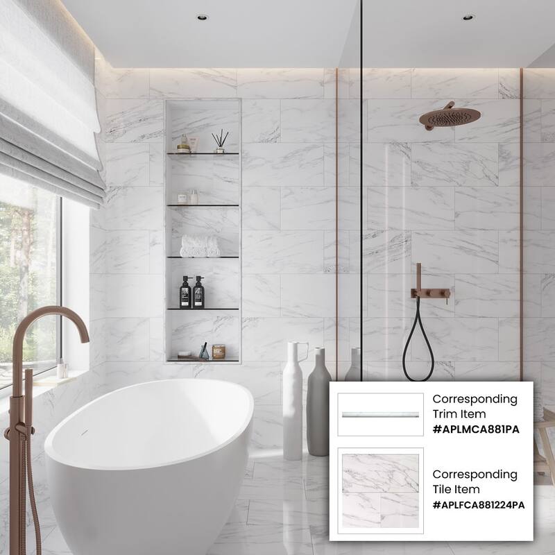 Apollo tile 0.5 x 12 Grandis Polished White Bianco Carrara Marble Tile (0.5 sq ft/case) - 10 Pack