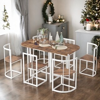 TOPMAX Modern 7-Piece Dining Table Set with Faux Marble Compact 55Inch Kitchen Table Set for 6, Black+White