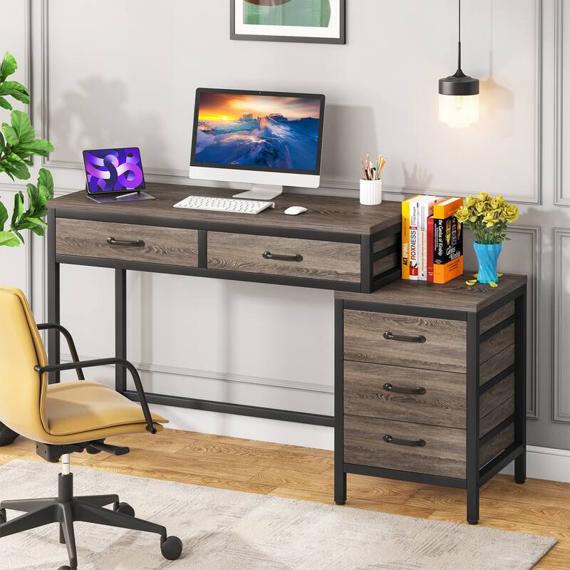 Modern Computer Desk with 5 Drawers, Home Office Desks with Reversible Drawer Cabinet Printer Stand