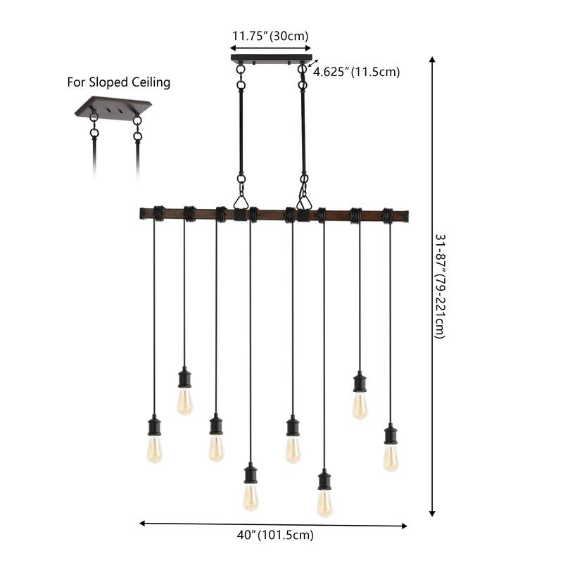 Zoey 40" 8-Light Vintage Driftwood Iron LED Linear Chandelier with Height Adjustable Bulbs, Brown Wood/Black , by JONATHAN Y