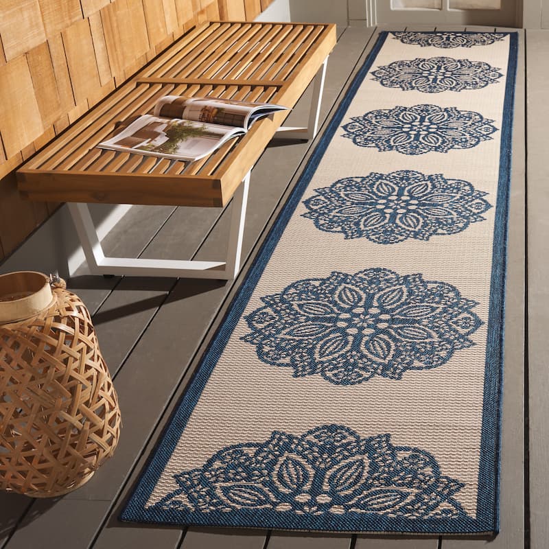 SAFAVIEH Courtyard Bosiljka Waterproof Backyard Patio Rug - 2'3" x 12' Runner - Beige/Navy