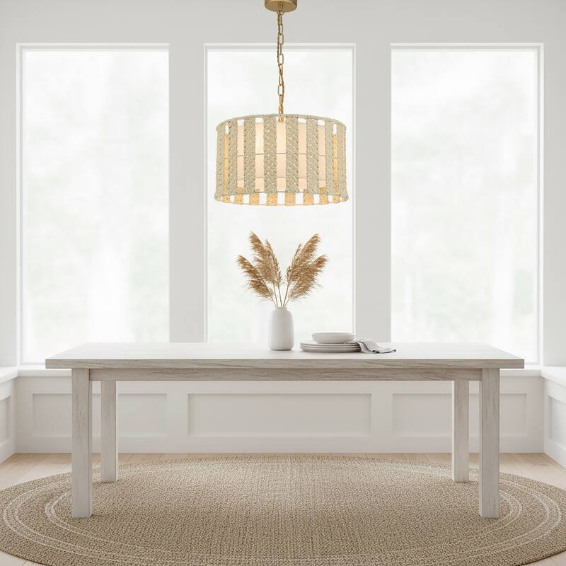 Roka 3-Light Rattan Rope Drum Pendant, Coastal Boho - Handwoven - 18" Wide