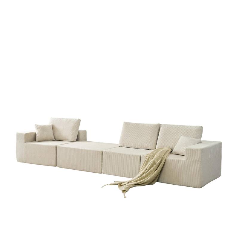 Modular L Shaped Sectional Sofa with Ottoman, Corduroy Boneless Cloud Sofa, 3 Seater Upholstered Sofa with 2 Pillows