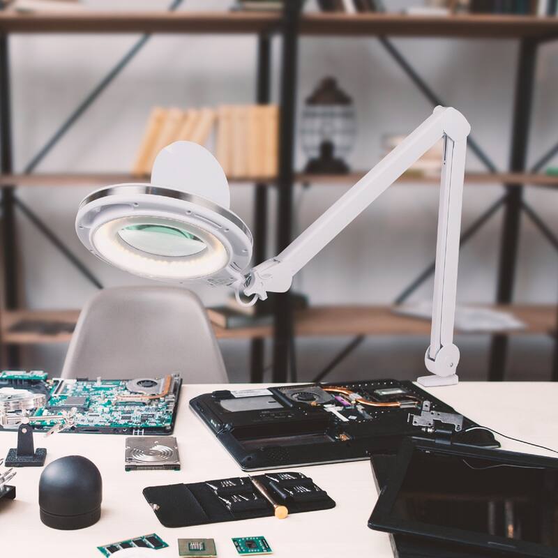 Brightech Lightview Pro 33 in. White Plug-in Adjustable Swing Arm Integrated 2.25X Magnifying Dimmable LED Desk Clamp Lamp