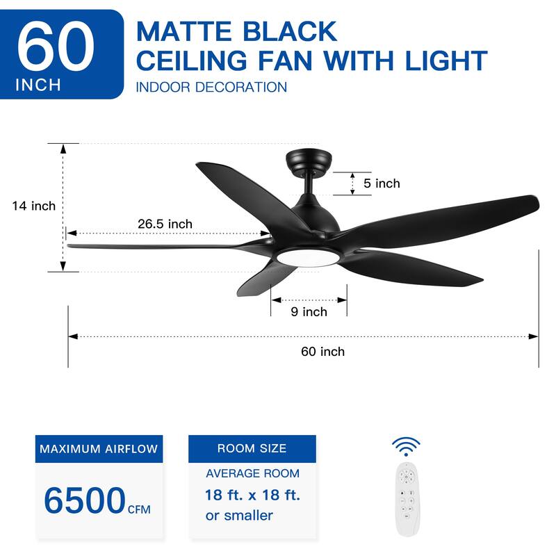 60 Inch Intergrated LED Ceiling Fan Lighting, Indoor/Outdoor 6-Speed Reversible Ceiling Fan for Kitchen Dining Room Living Room