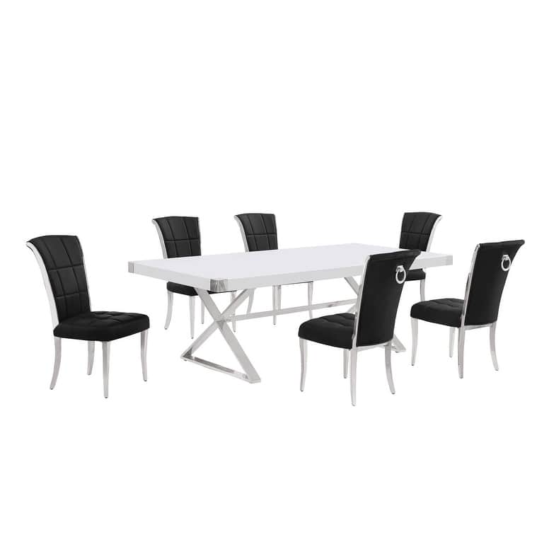 Best Quality Furniture D442/3-SC320-7 Dining Set with 94" White Lacquer Wood Top