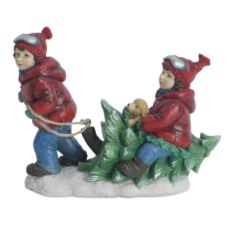 Children With Tree and Dog Christmas Figurines - 9" - Set of 2