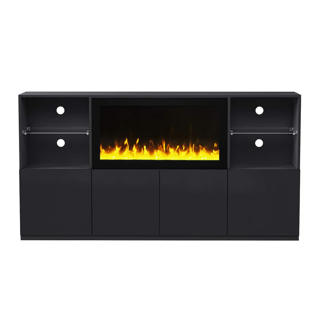 High Gloss TV Stand with Electric Fireplace and LED Light, for TVs Up to 75", Black - 67" W × 13.77" D × 35.4" H