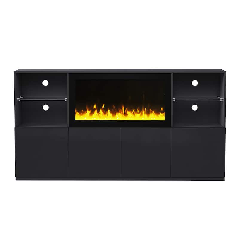 High Gloss TV Stand with Electric Fireplace and LED Light, for TVs Up to 75", Black - 67" W × 13.77" D × 35.4" H