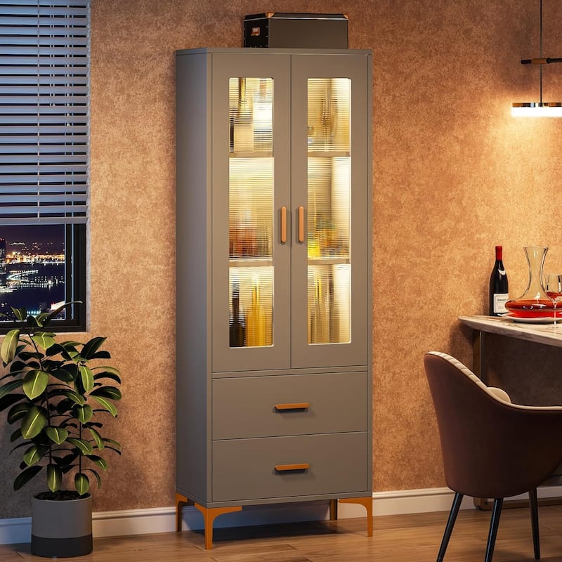 Tall Bookcase Bookshelf with Doors and LED Light
