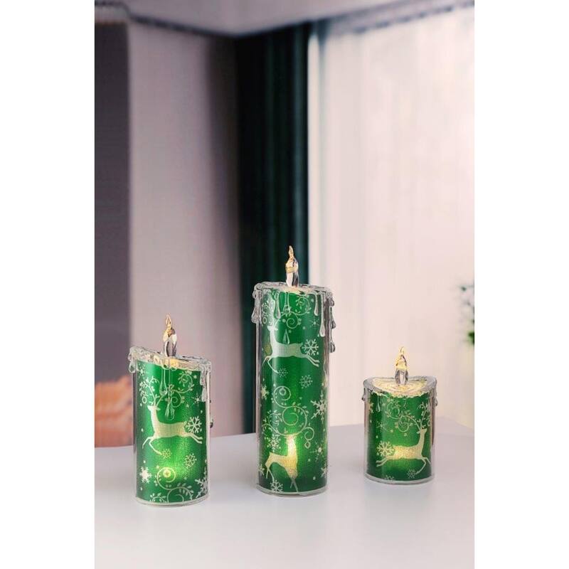 3pc Reindeer Snowflake LED Flameless Candle Lights 9.5" Green Clear