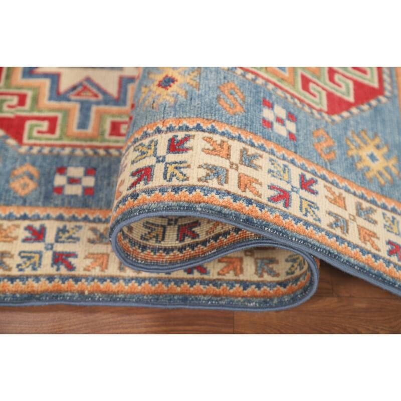 Light Blue Kazak Accent Rug Handmade Wool Carpet - 2'7" x 4'3"
