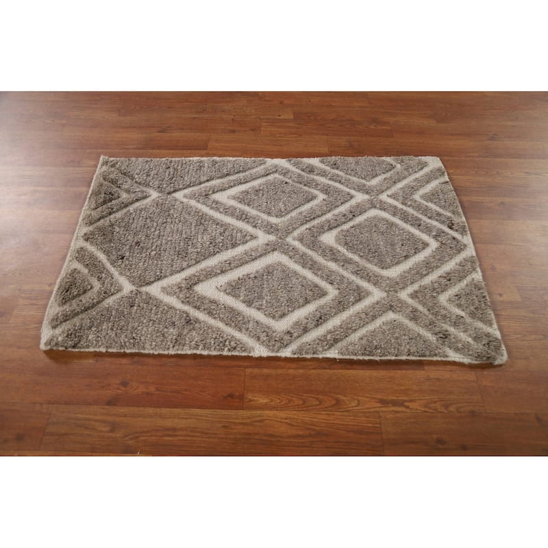 Brown Carved Moroccan Oriental Accent Rug Handmade Wool Carpet - 2'0"x 3'0"