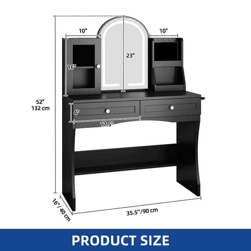 Moasis 35.5-inch Makeup Vanity Desk with Arc-Shaped Mirror and Power Outlets