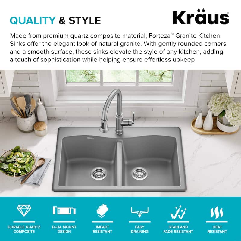 KRAUS Forteza Granite 33 inch 50/50 Undermount Drop-in Kitchen Sink