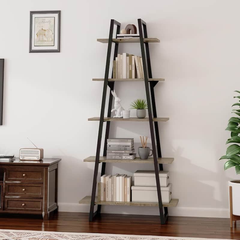 5-Tier Metal Ladder Bookshelf, Rustic Bookcase with Open Display Shelves