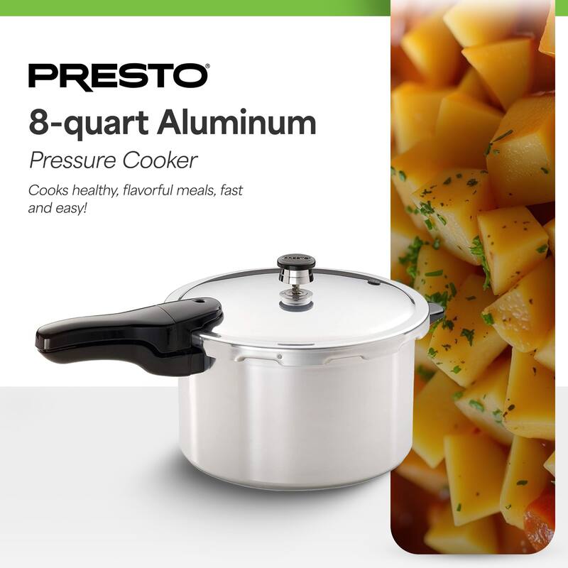 Presto 01282 8 Quart Aluminum Pressure Cooker, Regulator & Cover Lock, Silver