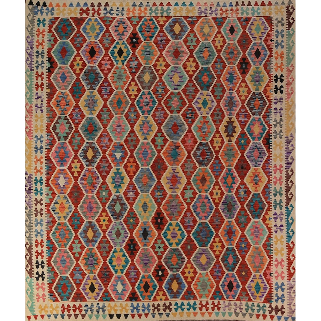 Orange Geometric Kilim Oriental Area Rug Hand-Woven Wool Carpet - 8'10"x 9'10"