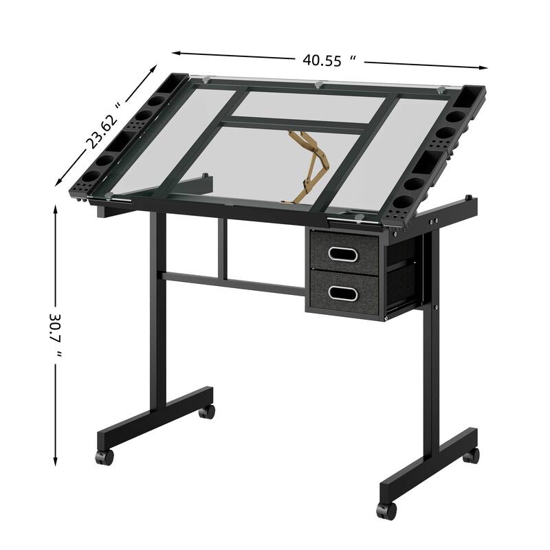 Adjustable Art Drawing Desk Craft Station Drafting with 2 fabric Drawers and 4 Wheels (white)