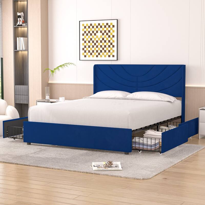 Javlergo Upholstered Bed with Tufted Headboard Bed Frames with Storage Drawers Princess Platform Bed with Wooden Slats Support