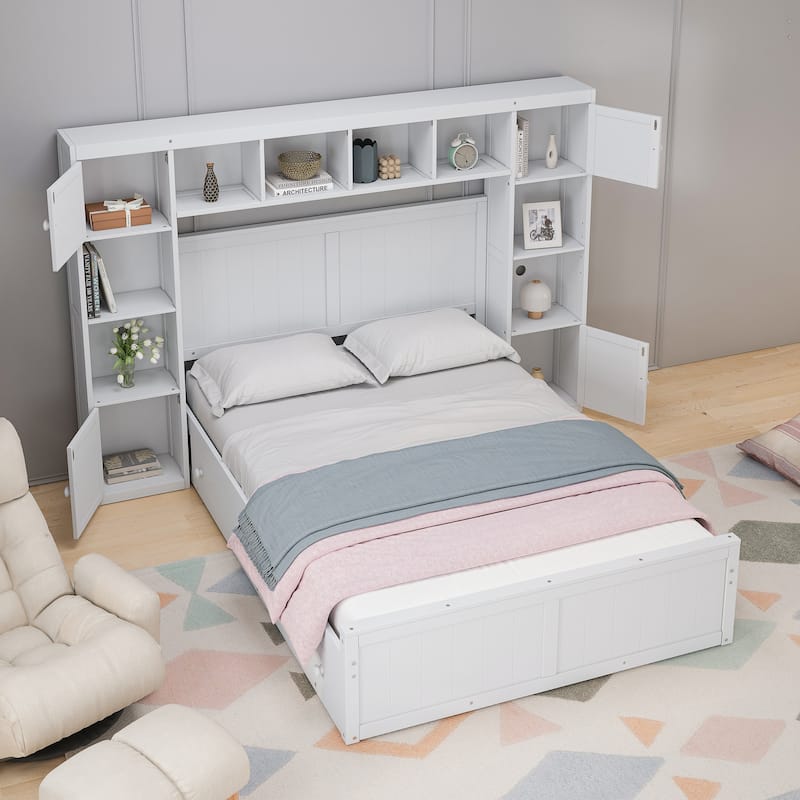 Full Size Wood Bed with All-in-One Cabinet and Shelf