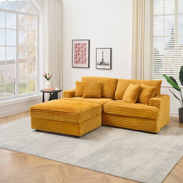 Corduroy Deep Seat L-shaped Chaise Sectional Sofa with Storage Ottoman ...