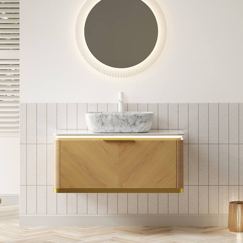 36" Bathroom Vanity&Sink,Plywood Storage Cabinet,Twill Drawer with Handle&Sensor Light,Ceramic Vessel Basin&Stone Top - Carrara White+Espresso,Stone White