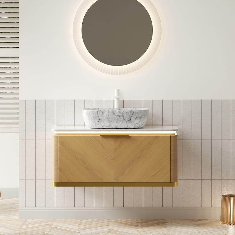 GDFStudio - Dipa Modern 36" Floating Bathroom Vanity with Sensor Light, Drawer & Marble Pattern Ceramic Basin, WITHOUT Faucet - Corolla Oak