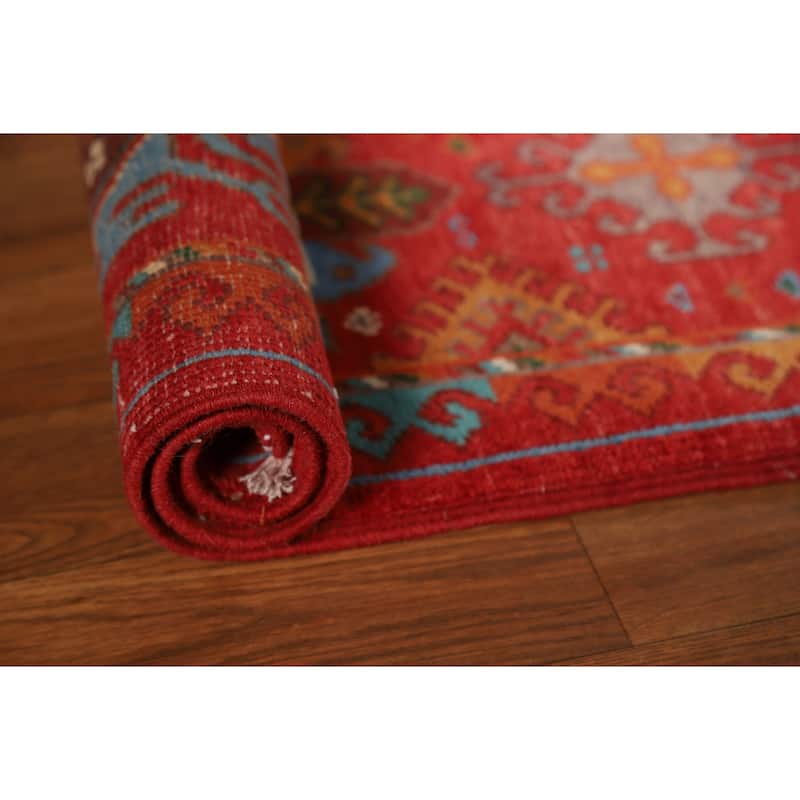Geometric Red Kazak Oriental Foyer Rug Handmade Wool Carpet - 2'0"x 3'0"