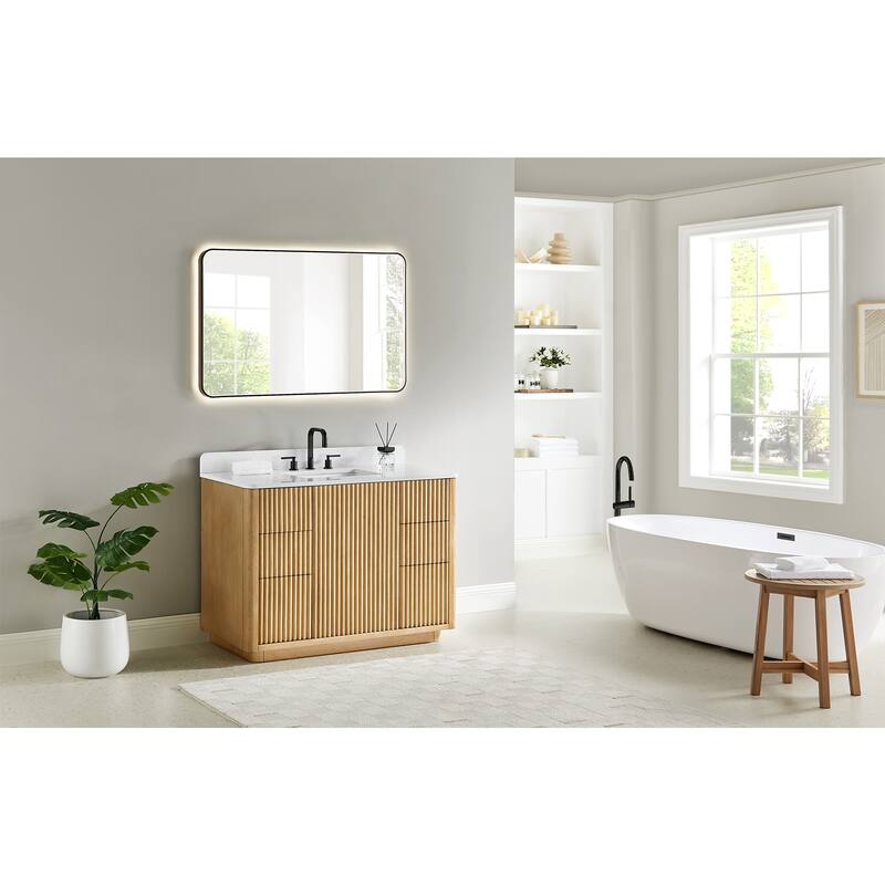 Clayton Bathroom Vanity in Washed Light Brown with Grain White Engineered Stone Countertop without Mirror