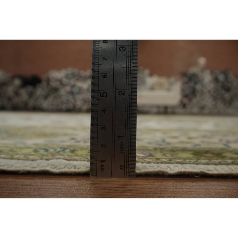 Hand Knotted Oriental Silk Carpet Traditional Floral Beige & Ivories Kashmir Area Rug - 8' 11'' X 5' 11''