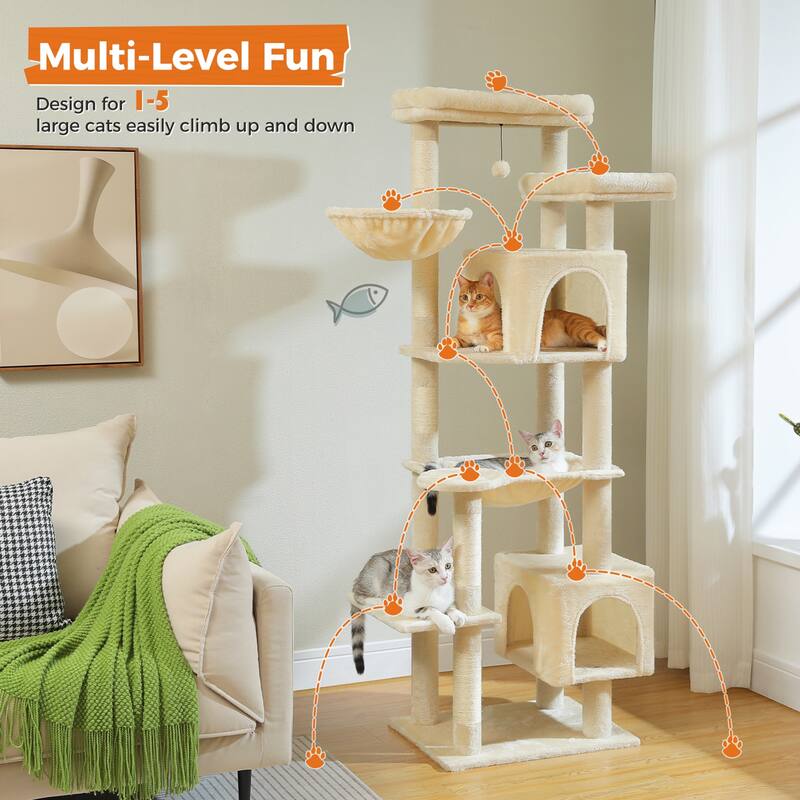 69" Tall Cat Tree Tower for Indoor Large Cats with Super Large Hammock, Scratching Posts, Condo House and Large Top Perch