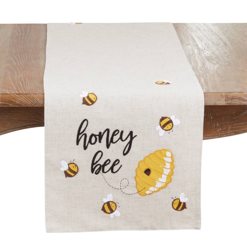 Honey Bee Text Linen Blend Table Runner - Playful Bee & Hive Motif Decorative Table Runner for Dining Tables, Seasonal, 16"x70" - 16"x70" - Natural